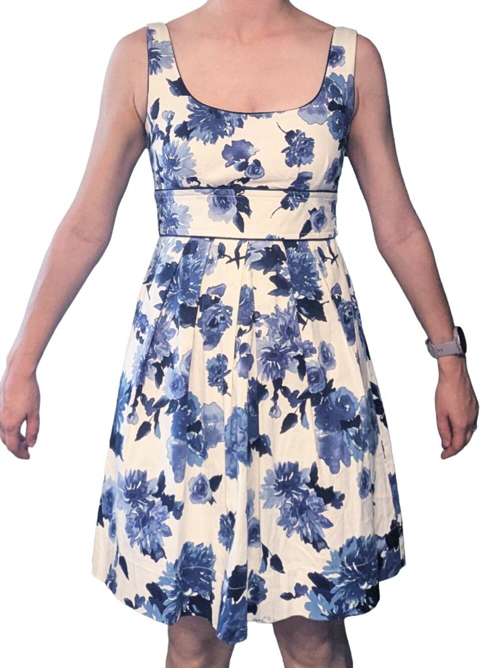 Blue/White Floral Fit & Flare Dress | Sleeveless A-Line Summer Sundress | Med